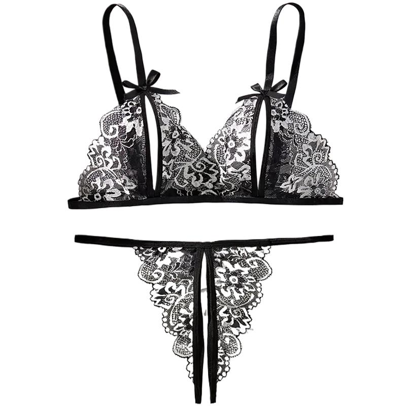 Lace Bralette Set - Preto quente crotchless sexy lingerie de
