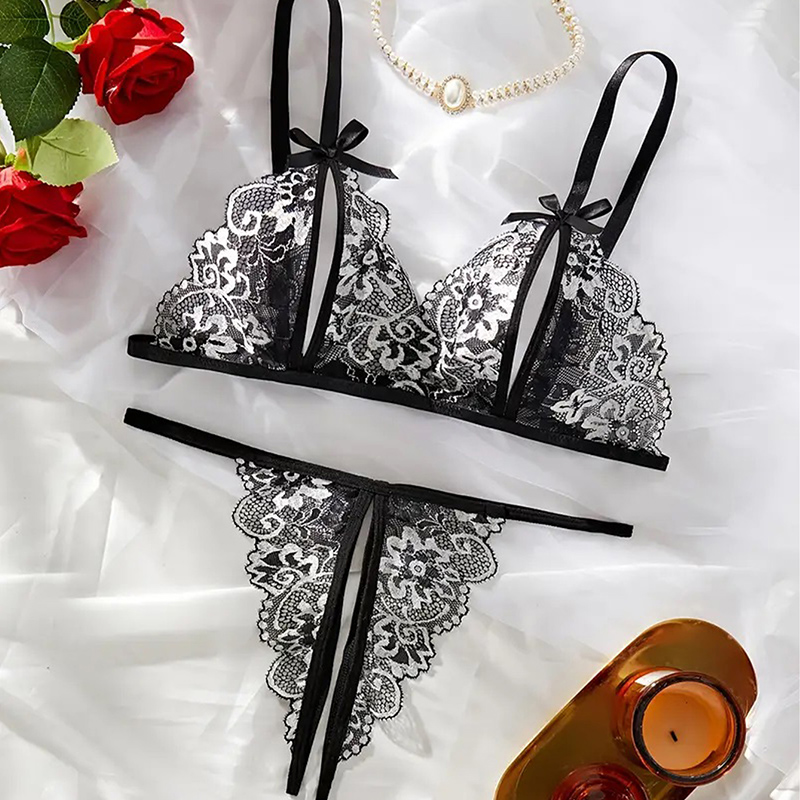 Preto quente crotchless sexy l - Lace Bralette Set avaliação e preço