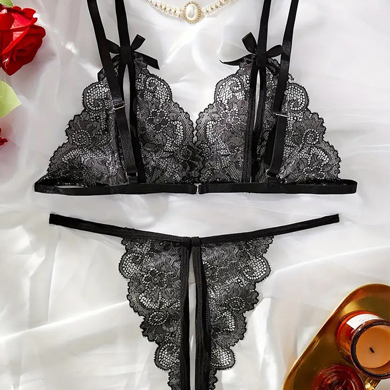 Preto quente crotchless sexy l - Lace Bralette Set avaliação e preço